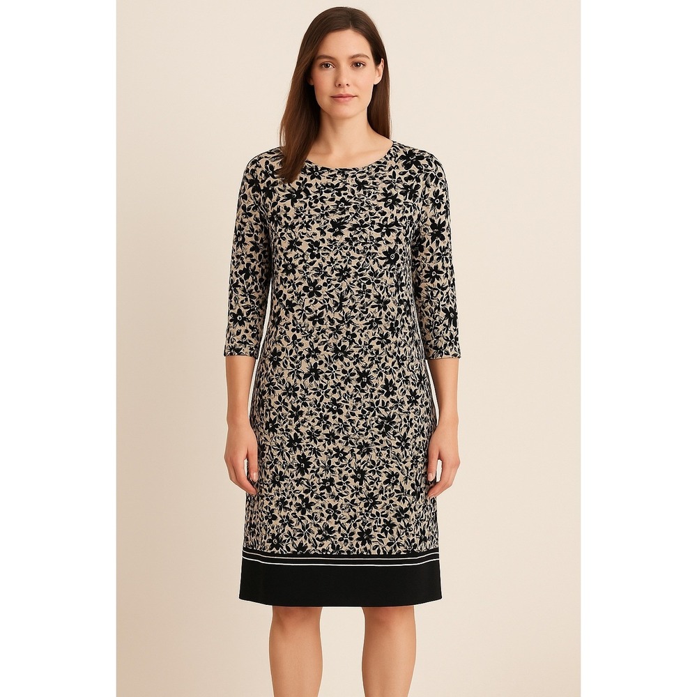 J.Jill Wearever Floral Shift Dress Black Beige 3/4 Sleeve Rayon Stretch L